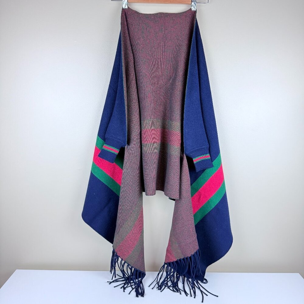 Navy Stripe Ruana / Thick Luxe Poncho Wrap with Fringe - Picture 1 of 4